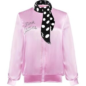 Pink Ladies Halloween Costume satin bomber jacket with polka dot scarf size L